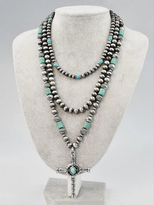 Vintage Turquoise Texture Decor Cross Pendant Necklace & Beaded Necklace, Boho Style Beaded Necklace, Fashion Jewelry Accessories for Women & Men, Exquisite Chain Jewelry