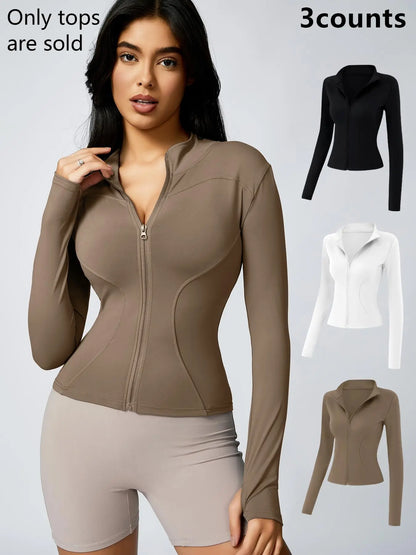 Women'S Zip up Sports Jacket, Tight Long Sleeve Yoga Jacket Top, Ladies' Sportswear for Spring Indoor Outdoor Wear, Athletic Jackets, Zippered Jacket, Sports Outerwear