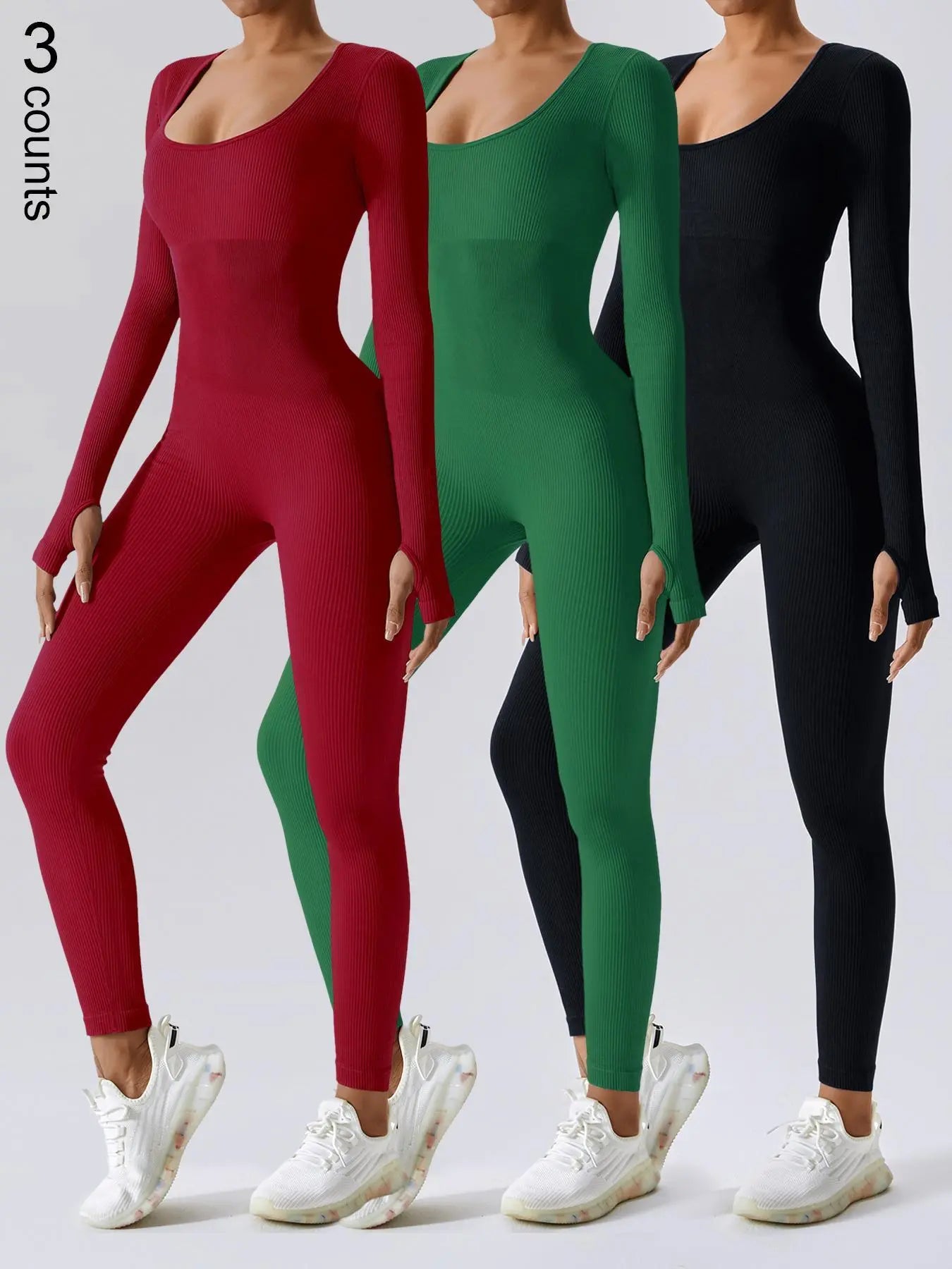 Women'S Solid Ribbed Long Sleeve Sports Playsuit Tummy Control Jumpsuit, Workout Ribbed Long Sleeve Exercise Bodycon Jumpsuit, Seamless Jumpsuits One-Piece Yoga Suit, Summer Outfits 2024