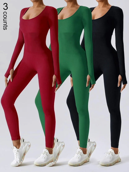 Women'S Solid Ribbed Long Sleeve Sports Playsuit Tummy Control Jumpsuit, Workout Ribbed Long Sleeve Exercise Bodycon Jumpsuit, Seamless Jumpsuits One-Piece Yoga Suit, Summer Outfits 2024