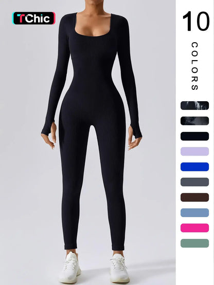 Women'S Solid Ribbed Long Sleeve Sports Playsuit Tummy Control Jumpsuit, Workout Ribbed Long Sleeve Exercise Bodycon Jumpsuit, Seamless Jumpsuits One-Piece Yoga Suit, Summer Outfits 2024